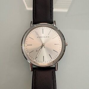 Anne Klein Quartz Silver Dial Watch with Black Leather Strap